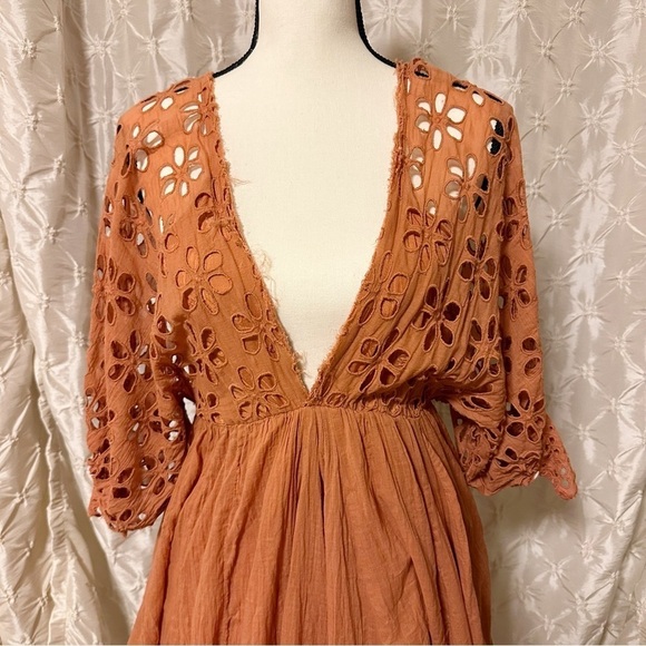 Free People One Bella Note Eyelet Mini Dress Tunic TerraCotta Clay Orange Boho - Picture 5 of 15